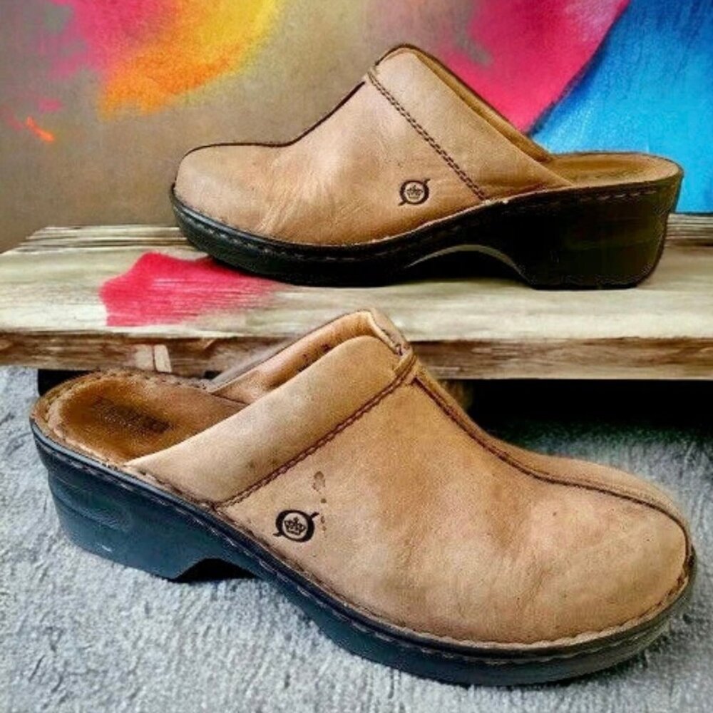 BØRN Haledon Brown Leather Mule Clogs Womens Size 7 Slip On Comfort Shoes